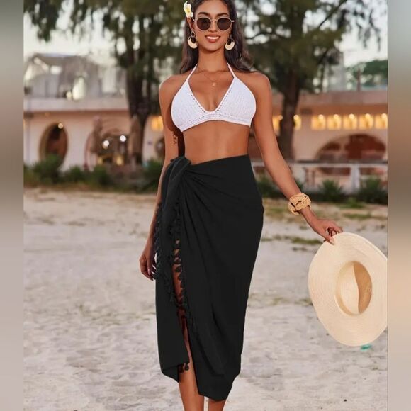 New Elegant Black Halter Saronge Fringe Tassel Swimsuit Cover-Up - Picture 3 of 11